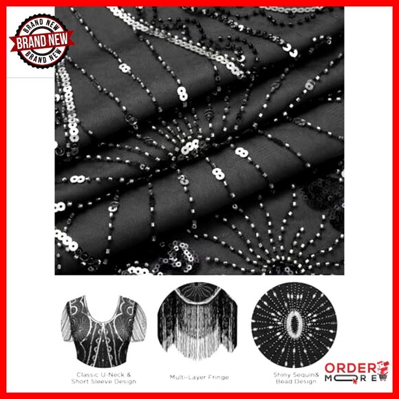 Flapper Dress 1920s Gatsby Costume with Accessories Set, Mesh Fabric - Picture 4 of 7